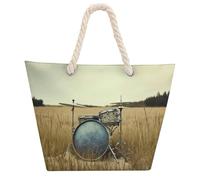 Music Drum in Field Large Tote Bag for Women, Waterproof Durable Beach Bag with Hemp Rope Handle, Multifunctional Hemp Rope Shopping Bag for Beach Park Travel Work Daily Use