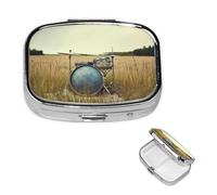 Music Drum in Field Pill Box 2 Compartment Round Metal Pill Case for Purse & Pocket, Portable Medicine Organizer Travel Pillbox Daily Pill Container Holder to Hold Vitamins, Fish Oil