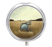 Music Drum in Field Pill Organizer 3 Compartment Travel Pillbox with Mirror Daily Medicine Pill Case Metal Pill Box for Purse & Pocket Portable Small Medicine Box Round Vitamin Case Container