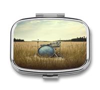 Music Drum in Field Pill Organizer Small Pill Box with Two Compartments Pill Case Metal Medicine Organizer Portable Medicine Box Holder Medication Holder Travel Pill Container