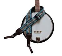 MUSIC FIRST Original Design, 2 inch width (5cm), Cotton & Genuine Leather Delux Banjo Strap, With 2 pieces of MUSIC FIRST Leather Strap Locker. (Blue Country Style)