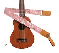 MUSIC FIRST Original Design Vintage “Pink Sakura” Soft Cotton & Genuine Leather Ukulele Strap Ukulele Shoulder Strap With a MUSIC FIRST Genuine Leather Strap Locker