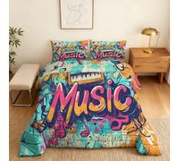 Music Graffiti Coverless Duvet Single, Reversible Patterned Design, Colorful Hippie Quilt & 1 Pillow Case for Bedroom Decor, 10.5 Tog Soft Microfibre Comforter Washable, All Seasons #z402