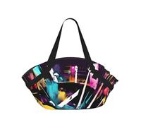 Music Graffiti Style 37'' Convertible Round Picnic Blanket Bag, 2-in-1 Portable Printed Camping Mat with Shoulder Straps
