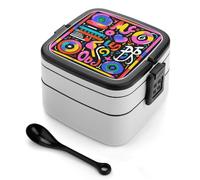 Music Graffiti Style Bento Box with Spoon & Handle - 2 Compartment Leak-Proof Stackable Lunch Box for Adults, BPA-Free Reusable Food Containers for Work, Travel, Picnic