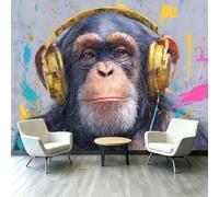 Music Graffiti Wall Murals 150 x 105 cm, Chimpanzee Headphones Mural Removable Wall Covering Fabric, Large Photo Wallpaper for Living Room Bedroom Kitchen Bathroom Office Kids