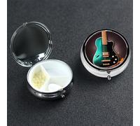 Music Green Guitar Pill Box with Mirror 3 Compartment Decorative Pill Case for Purse or Pocket Small Round Pill Organizer Weekly Metal Medicine Tablet Vitamin Holder Travel Gift