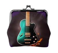 Music Green Guitar Print Women'S Kiss Lock Coin Pouch, Mini Wallet For Cards And Lipstick, Soft Compact Purse