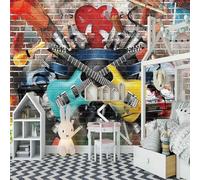 Music Guitar Graffiti Brick Wall Art 3D Wallpaper Textured Silk Easy Install Living Room Sofa Bedroom Dining Room Home Decoration Wall-250cm×170cm
