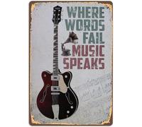 Music Guitar Metal Tin Sign Vintage Where Words Fail Music Speaks Tin Sign Wall Decor for Home Bar Decor Gifts 12x8 Inch