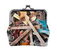 Music Guitar Print Double Clasp Metal Frame Leather Kiss Lock Change Pouch Wallet for Women with Keys, Small Purses