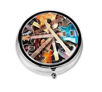 Music Guitar Print Pill Box Purse Small Round Pill Case Decorative Box Metal Medicine Vitamin Pill Organizer for Pocket Or Purse