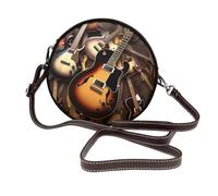 Music Guitar Round Leather Shoulder Bag for Women with Detachable Strap, Stylish Crossbody Circle Purse