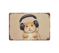 Music Hamster Tin Signs - Listening to Music Wall Art Decor Animal with Headphone Metal Sign Public Sign Plaque Garden House Signs, Novelty Poster, Funny Wall Decoration 8x12 Inch