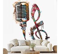 Music Instrument Photo Wall Decals,Vintage Microphone Wallpaper,Graffiti Style Canvas Mural, 400x280 cm,for Bedroom Living Room Murals, Self Adhesive Photo Decoration Wall Stickers xk80a