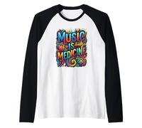 Music is Medicine Colorful Soundwave Heart Design Raglan Baseball Tee