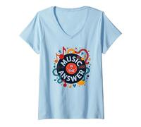 Music is The Answer Retro Vinyl Art Poster V-Neck T-Shirt, Women, Baby Blue, XL