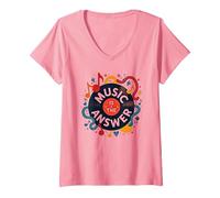 Music is The Answer Retro Vinyl Art Poster V-Neck T-Shirt, Women, Pink, XL