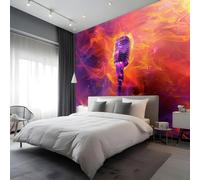 Music Kids Room Canvas Peel and Stick Wall Mural Orange Retro Microphone Flame Large Removable Self-Adhesive Wallpaper Decor for Nursery Boy Girl Bedroom 120x84 inches / 300x210 cm