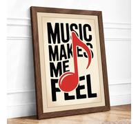 Music Makes Me Feel Mid-Century Framed Wall Art Print A2 (59.4×42cm) Walnut, Wall Decor for Living Room, Bedroom, Office & Home, Ready to Hang, Art Gift