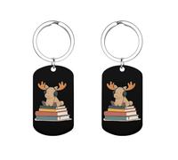 Music Moose on Books Cute Metal Tags Rectangular Keychain Stainless Steel Key Rings Dog Label 2" X 1.1"