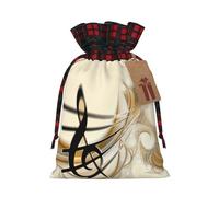 Music Note Christmas Drawstring Linen Gift Bag Paired With Scottish Plaid Fabric, With A Delicate And Simple Texture