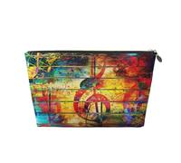 Music Note Colorful Wooden Portable Leather Travel Cosmetic Bag, Toiletry Bag, Waterproof Storage Bag
