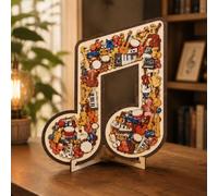 Music Note Jigsaw Puzzle Ornament, 73PCS Wooden Musical Instrument Puzzle with Display Stand, Unique Desk Art for Music Lovers Teachers, 3D Note Shaped Decor, 20x25cm (Style 3)