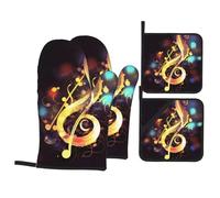 Music Note Oven Mitts And Pot Holders 4 Pcs Set - Anti-Skid Oven Gloves, Insulated Microwave Oven Mitts And Cooking Mitts For Kitchen Baking Bbq Grilling