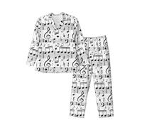Music Note Print Mens Set Pajamas Sleepwear, Long Sleeve Button Down Lounge Sets With Pockets, Black, L
