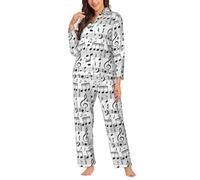 Music Note Print Women's Long Sleeve Pajamas Warm Sleepwear Button Down 2 Piece Pjs with Pockets, Black, Medium