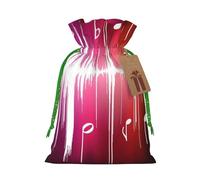 Music Note Printed Christmas Drawstring Bags with Green Christmas Ribbon - Reusable Burlap Drawstring Gift Pouches, M