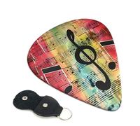 Music Note Printed Guitar Picks, 6 Pack with Leather Keychain Pick Holder - 0.46mm, 0.71mm, 0.96mm Assorted Thickness for Acoustic Ukulele, Electric Guitar, Acoustic Guitar, Bass