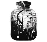 Music Notes Black Hot Water Bottle with Soft Velvet Cover Hot Water Bag for Neck, Shoulder and Menstrual Cramps Medium