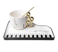 Music Notes Ceramic Coffee Cup with Saucer and Spoon: 200 ml Creative Piano Coffee Cup Music Note Printed Tea Cup Gift Cup Coffee Mug for Music Lovers Music Gift, White