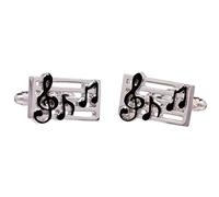 Music Notes Cufflinks - A Pair of Rectangular Shirt Cufflinks with Black Musical Notes Presented in Cufflink Gift Box - Silver Colour