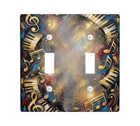 Music Notes Double Light Switch Cover Plate, Artistic Elegant Piano Keys Swirls None Gold Plastic Standard Size Switch Plate Decorative for Living Room Bedroom Home Office Decor