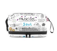 Music Notes Guitar Jazz Drum Double Layer Cosmetic Bag for Women and Girls, Travel Toiletry Bag Makeup Handy Pouch Organiser Bag with Brush Compartment