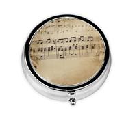 Music Notes on Old Paper Pill Box Metal Round Small Pill Case Cute 3 Compartment Pill Organizer Portable Travel Pillbox Mini Pill Container Holder for Daily Medicine Supplement Vitamin