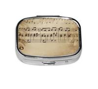 Music Notes on Old Paper Print Pill Box Square Pill Case 2 Compartment Small Metal Medicine Organizer Portable Travel Pillbox for Pocket Purse Cute Mini Pill Container to Hold Daily Vitamins