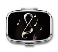 Music Notes Pill Box 2 Compartment, Portable Pill Case with Mirror for Pocket Purse Travel, Mini Metal Medicine Organizer for Vitamins Fish Oil