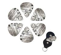 Music Notes Print Guitar Picks 6 Pack, 0.96mm Thickness Celluloid Bass Pick with Leather Guitar Pick Holder Keychain Abstract Art Pics Plectrum for Acoustic Electric Guitar, Ukulele, Bass