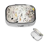 Music Notes Print Pill Box 2 Compartment Square Portable Pill Case for Pocket or Purse Pill Holder Weekly Pill Organizer Decorative Metal Medicine Vitamin Organizer Travel Gift