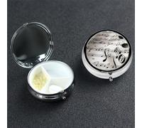 Music Notes Print Pill Box with Mirror 3 Compartment Decorative Pill Case for Purse or Pocket Small Round Pill Organizer Weekly Metal Medicine Tablet Vitamin Holder Travel Gift