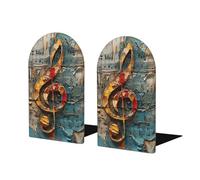 Music Notes Print Wooden Bookends,Metal Base,Decorative Book Stopper For Home Office
