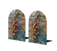 Music Notes Print Wooden Bookends,Metal Base,Decorative Book Stopper For Home Office