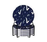 Music Notes Saxophones,Round Ceramic Coasters, Mugs Pad, Cups Mat Set of 6 Drinks Coasters With Holder