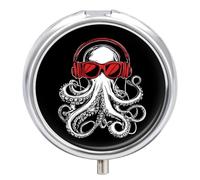 Music Octopus Pill Box Cute Metal Round Pill Case with 3 Compartments and Mirror for Vitamin Fish Oils