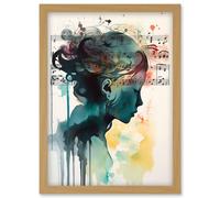 Music on my Mind Singing in my Head Modern Portrait Watercolour Illustration Artwork Framed Wall Art Print A4 Artery8 Light Oak One Size