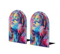 Music Print Wooden Bookends,Metal Base,Decorative Book Stopper For Home Office